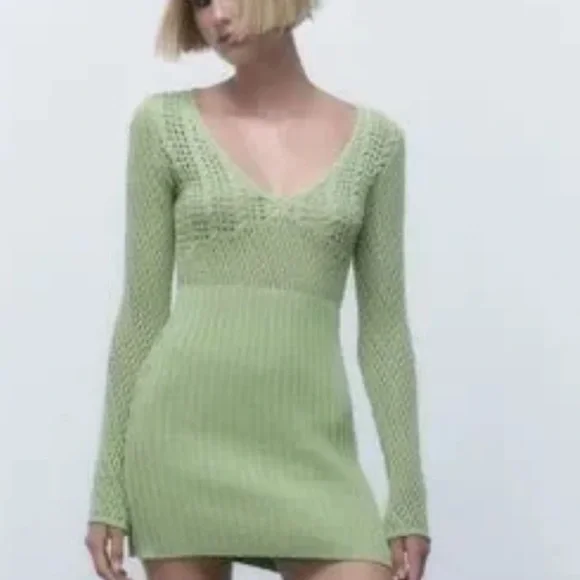Zara Light Green Chenille Knit Mini Dress - Picture 2 of 9